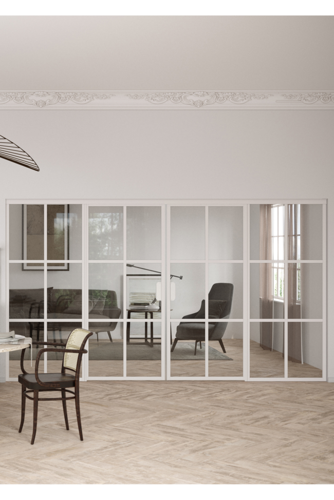 Glass wall with fixed panels on hinge side and a double door Bläk 787 Paris