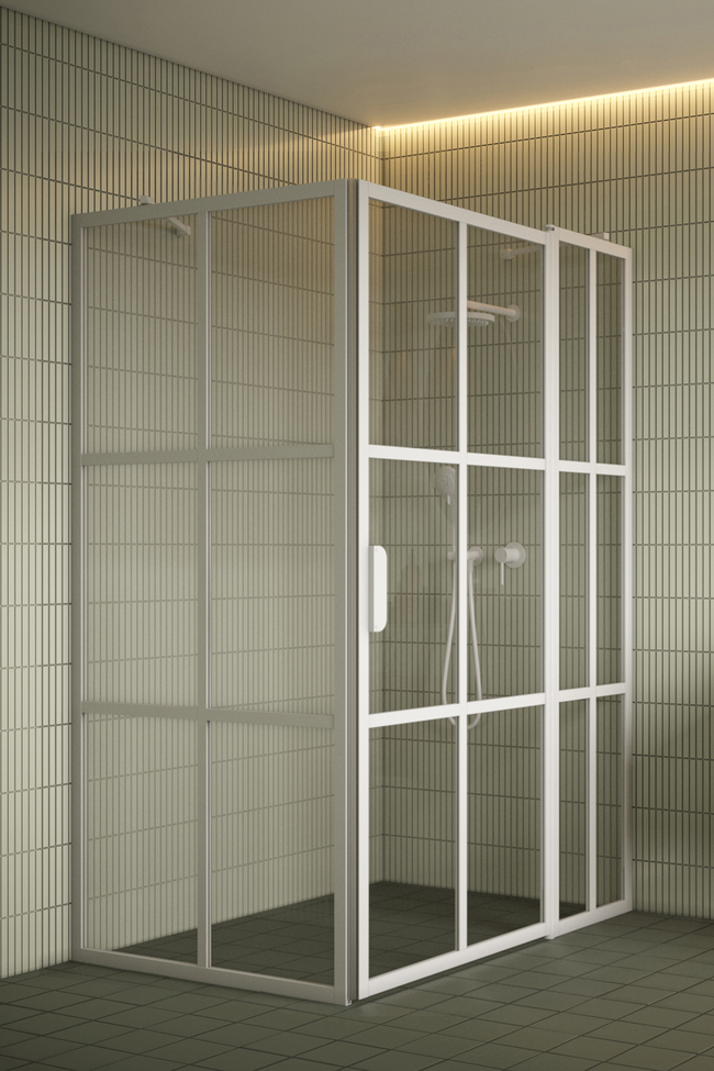 Shower enclosure with a fixed wall and a hinged door with a fixed part Bläk 766 Paris