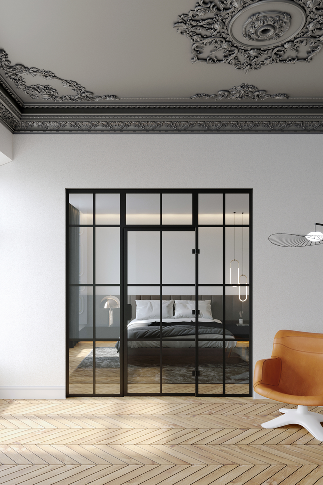 Glass wall with fixed panels on hinge and handle side and an upper window Bläk 925 Paris