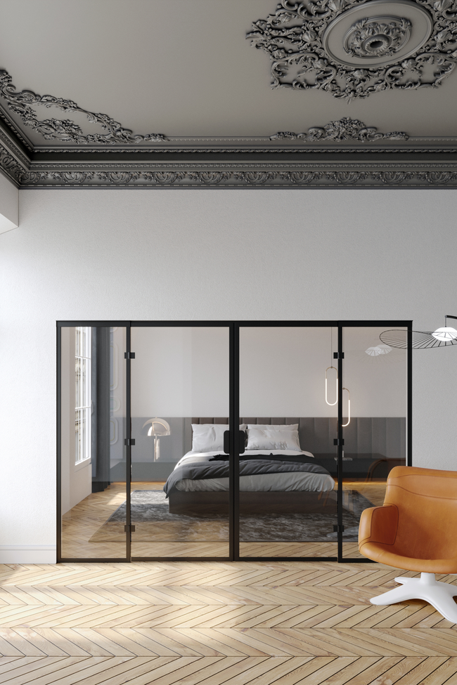 Glass wall with double doors and fixed panels on hinge sides Bläk 977 New York