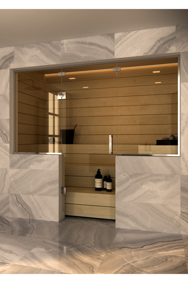 Sauna glass wall with window on handle side and hinge side and above door Vetro S51
