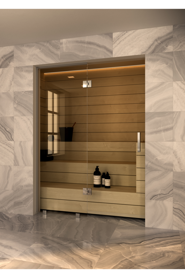Sauna glass wall with fixed panel on hinge side Vetro S52