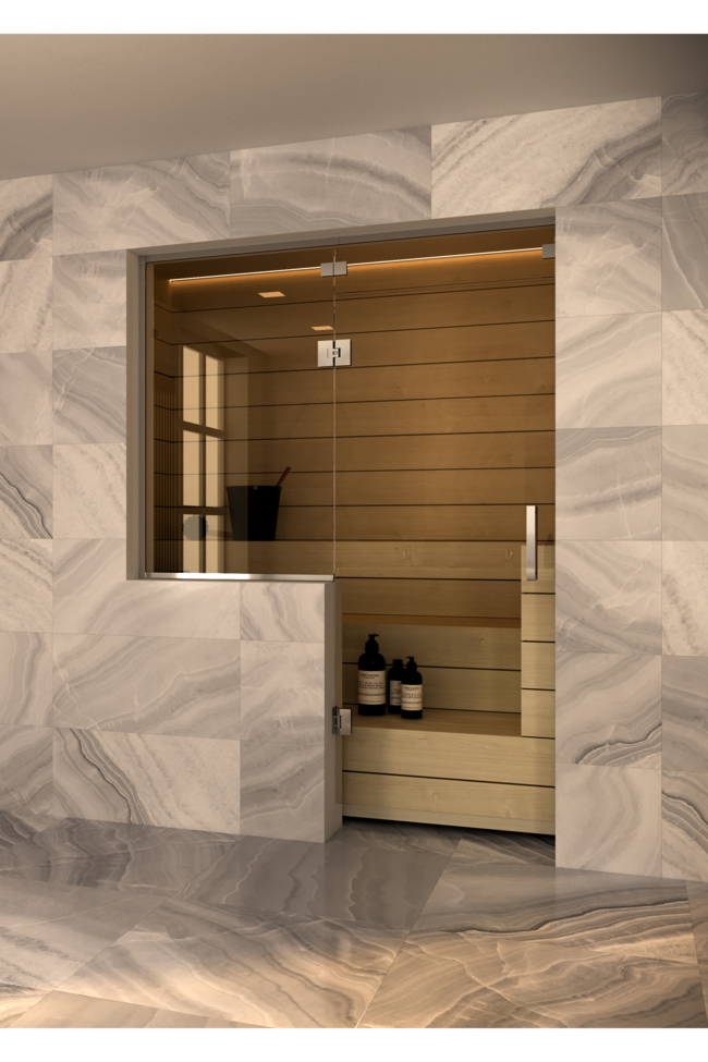 Sauna glass wall with window on hinge side and above door Vetro S55