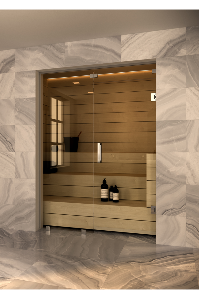Sauna glass wall with fixed panel on handle side and window above door Vetro S56