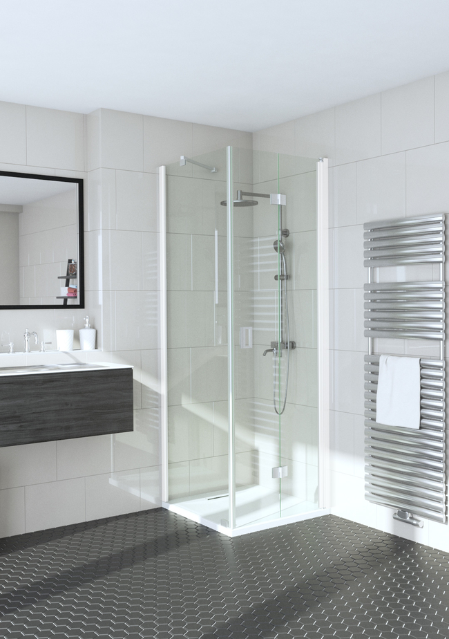 Shower enclosure with a fixed wall and hinged door Fenic 354 (311x313)