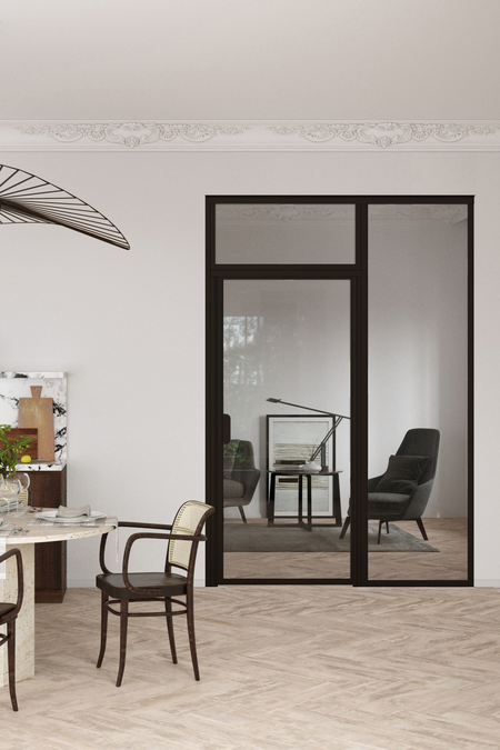 Glass wall with fixed panel on hinge side and upper window Bläk 718 New York