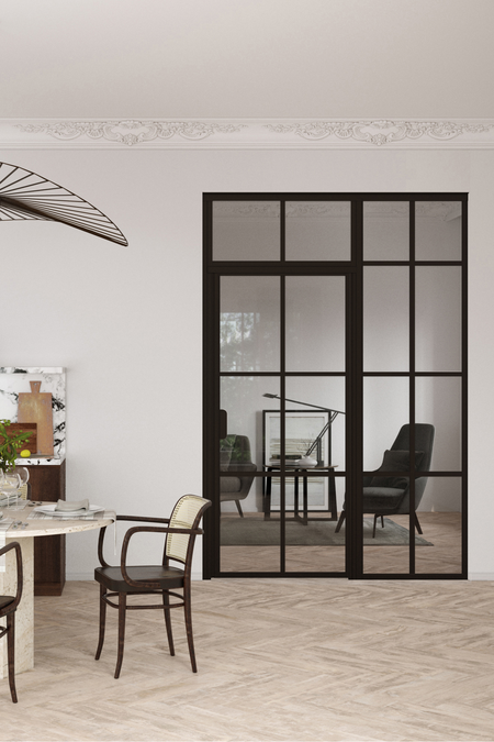 Glass wall with fixed panel on hinge side and upper window Bläk 720 Paris