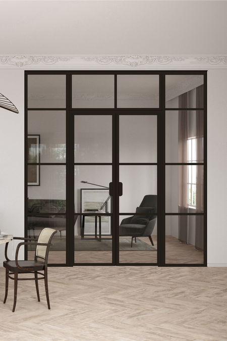 Glass wall with fixed panels on hinge and handle side, a double door and upper window Bläk 728 Tokyo