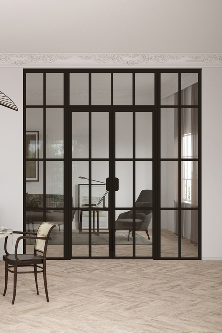 Glass wall with fixed panels on hinge and handle side, a double door and upper window Bläk 729 Paris