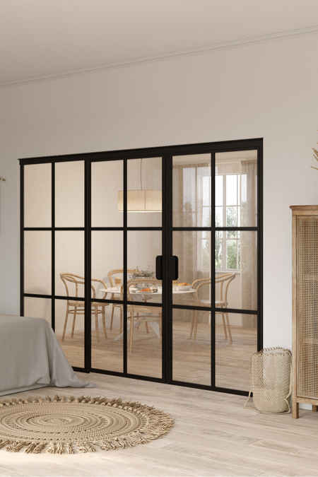 Glass wall with fixed panel on hinge side and double door Bläk 786 Paris