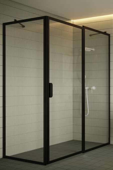 Shower enclosure with a fixed wall and a hinged door with a fixed part Bläk 756 New York