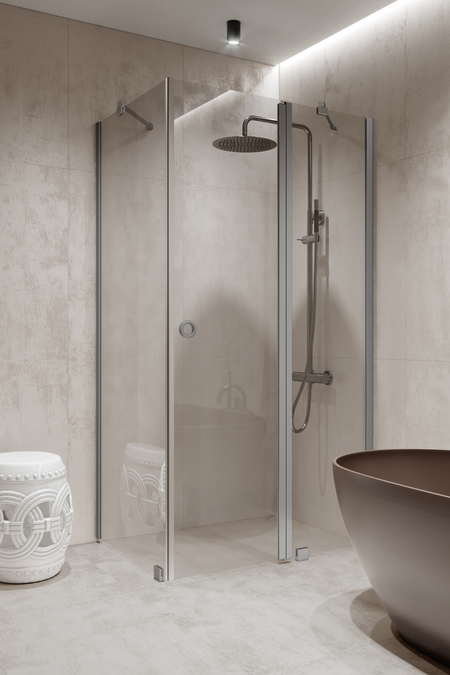 Shower enclosure with a fixed wall and a hinged door with a fixed part Forma 370
