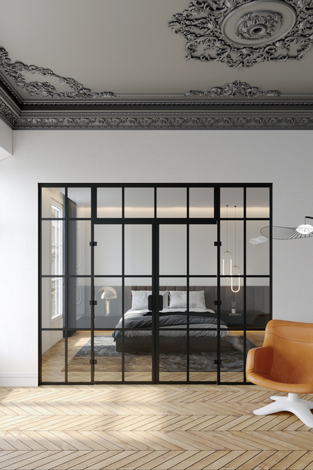 Glass wall with double door, fixed panels on 180 degree hinge sides and upper window Bläk 928 Paris