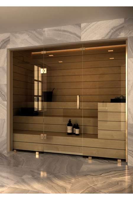 Sauna glass wall with fixed panels on hinge and handle side and window above door Vetro S48