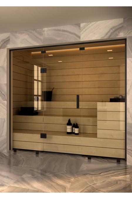 Sauna glass wall with fixed panels on hinge and handle side and window above door Vetro S48