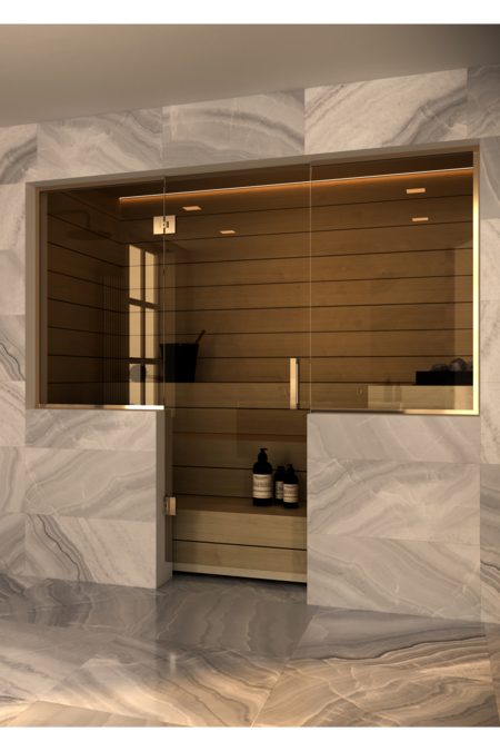 Sauna glass wall with window on handle side and hinge side Vetro S49