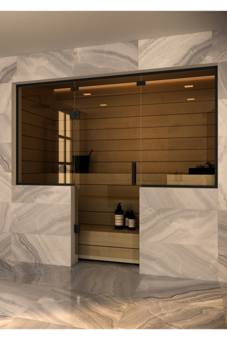 Sauna glass wall with window on handle side and hinge side and above door Vetro S51