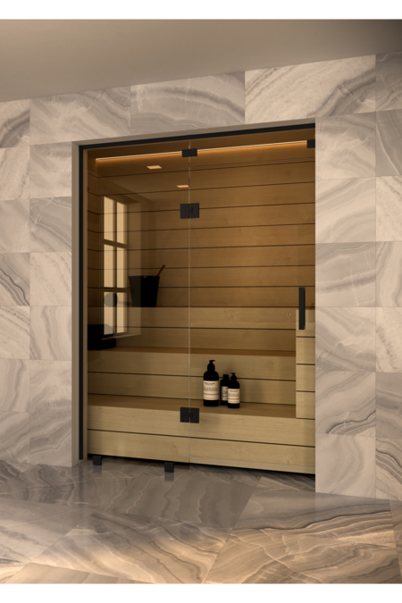 Sauna glass wall with fixed panel on hinge side and window above door Vetro S53