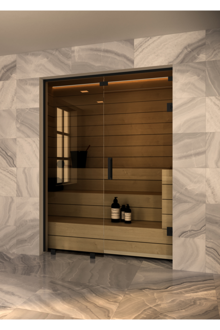 Sauna glass wall with fixed panel on handle side and window above door Vetro S56