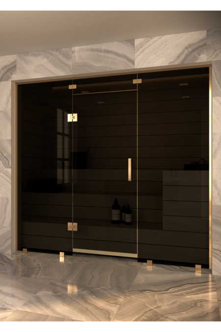 Sauna glass wall with fixed panels on hinge and handle side and window above door Vetro S48