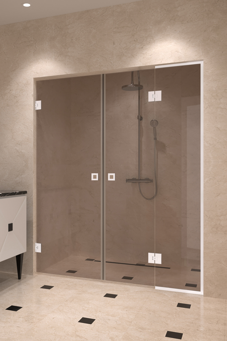Alcove fitting with a hinged double door, one of which has a fixed part Vetro 555