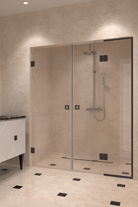 Alcove fitting with a hinged double door, one of which has a fixed part Vetro 555