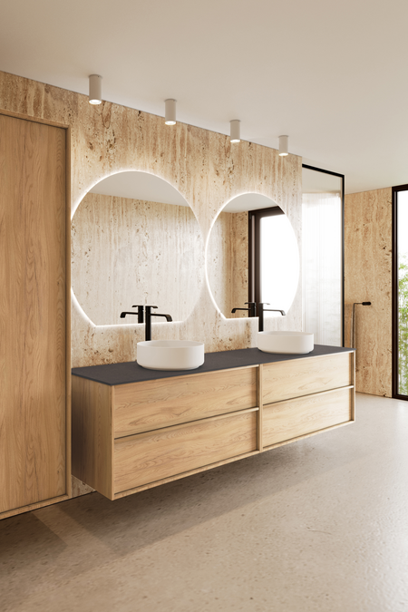 Double cabinet with two round countertop basins Casa H11