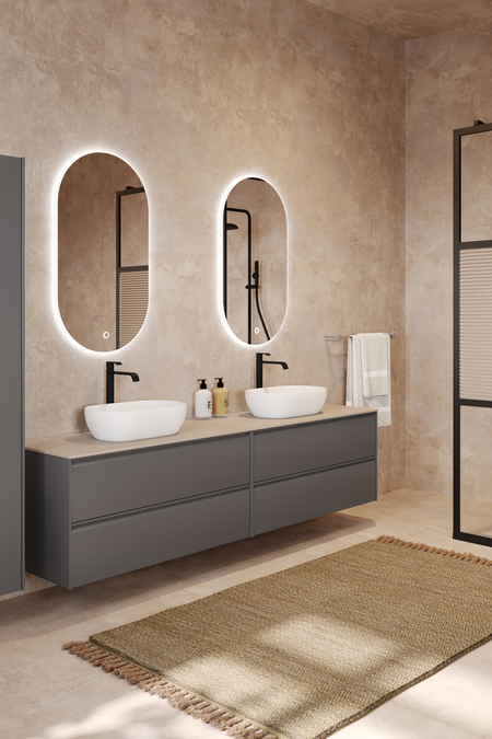 Double cabinet with two oval countertop basins Luna L15
