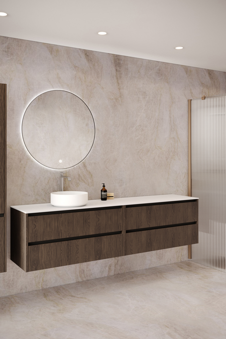 Dubbel badrumsmöbel med bänkskiva och ett runt ovanpåliggande tvättställ Classic K04