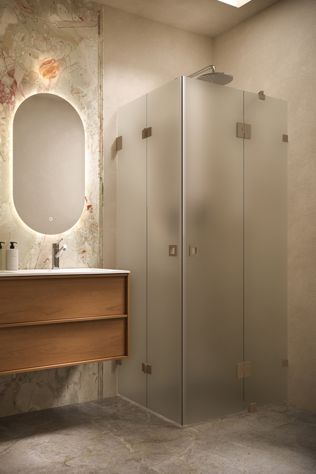 Shower enclosure with a folding door and a hinged door with a fixed part Vetro 547 (513x514)
