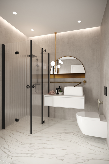 Shower enclosure with a folding door and a hinged door with a fixed part Forma 377