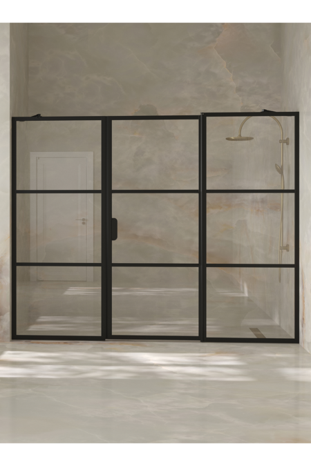 Alcove fitting with a fixed wall and hinged door which has a fixed part Bläk 746 Tokyo