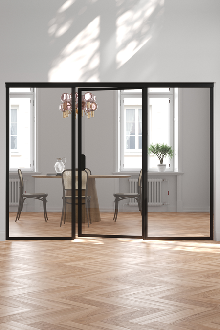 Glass wall with fixed panels on hinge and handle side Bläk 774 New York