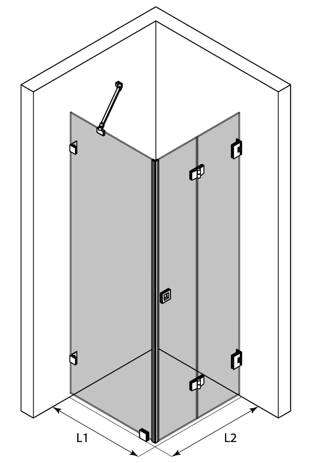 3d Shower enclosure with a fixed wall and hinged door Vetro 541 (511x513)