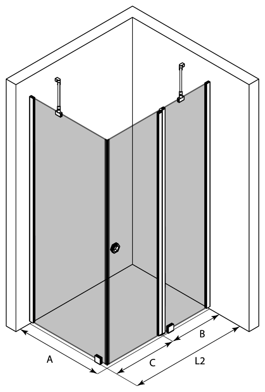3d Shower enclosure with a fixed wall and a hinged door with a fixed part Forma 370